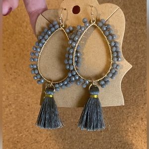 Grey tear drop tassel earrings
